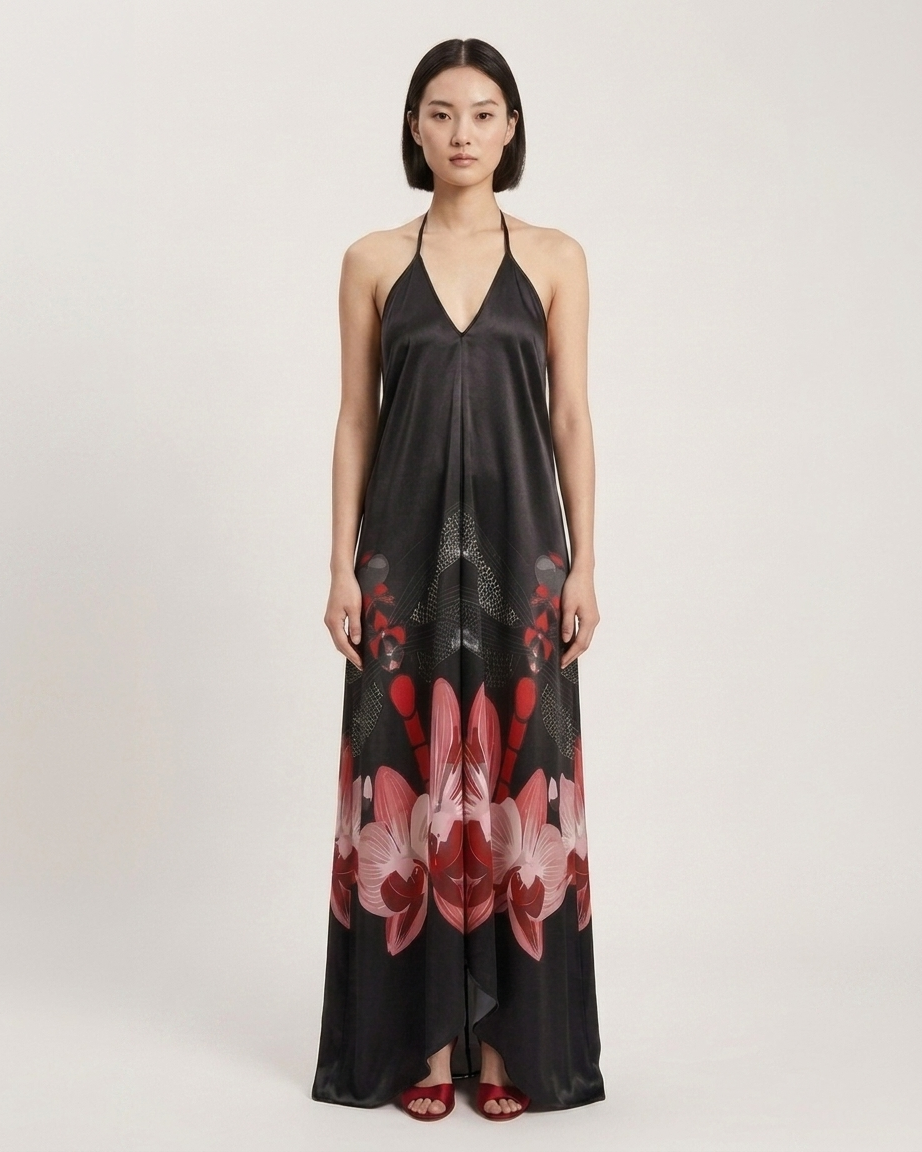 Halterneck Red Dragonfly backless dress