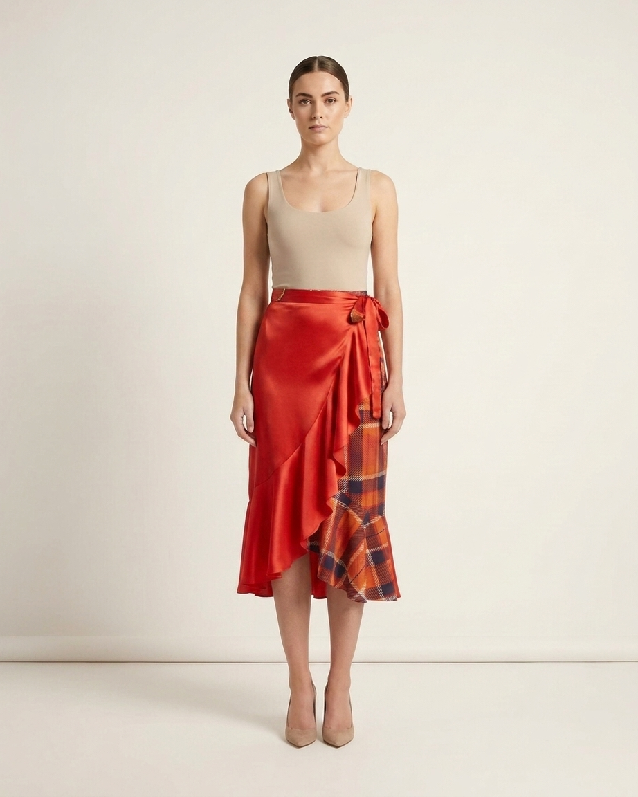 Flounce Skirt Blood Orange Tartan Pattern