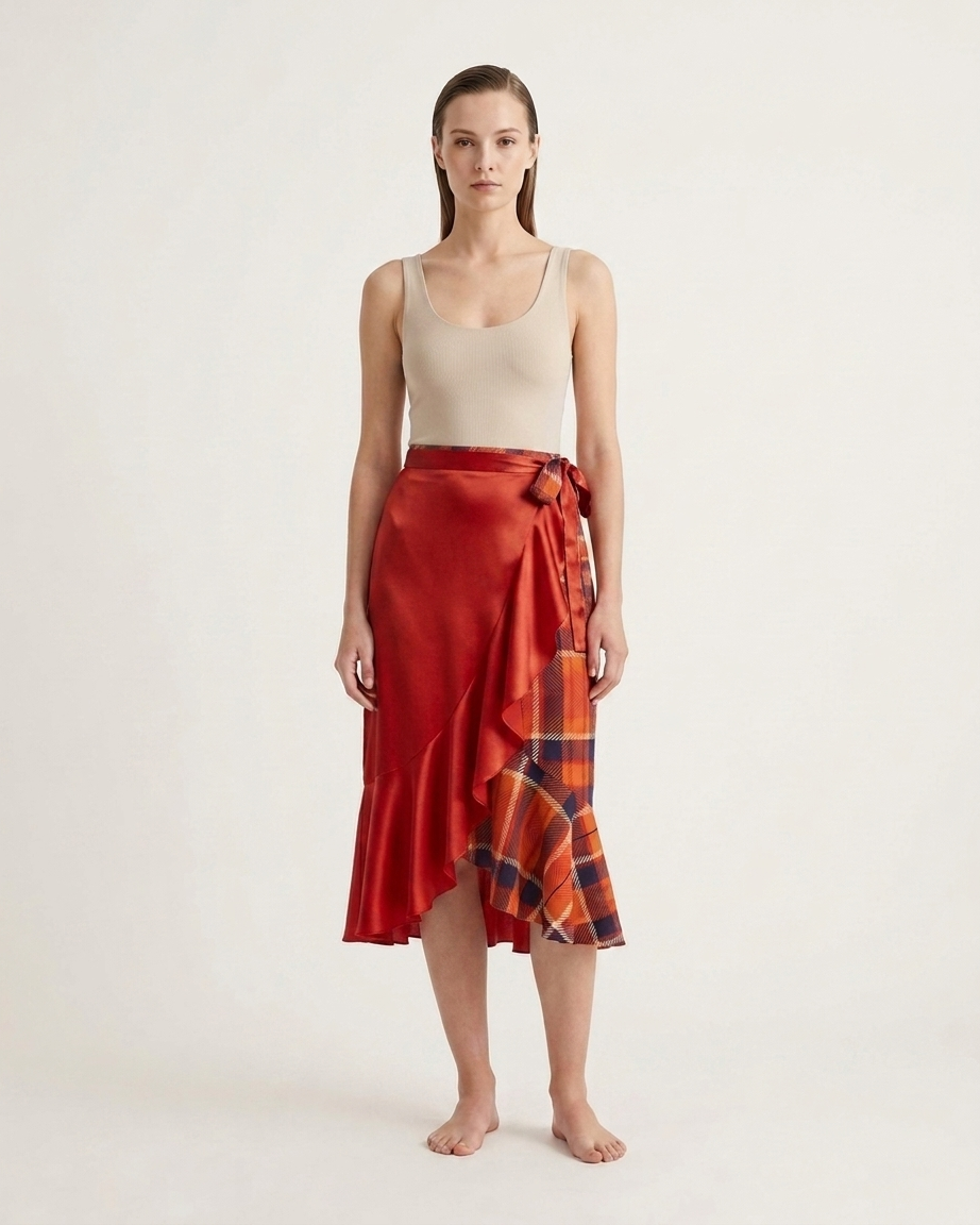 Flounce Skirt Blood Orange Tartan Pattern