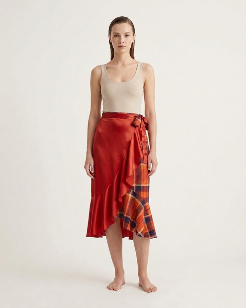Flounce Skirt Blood Orange Tartan Pattern