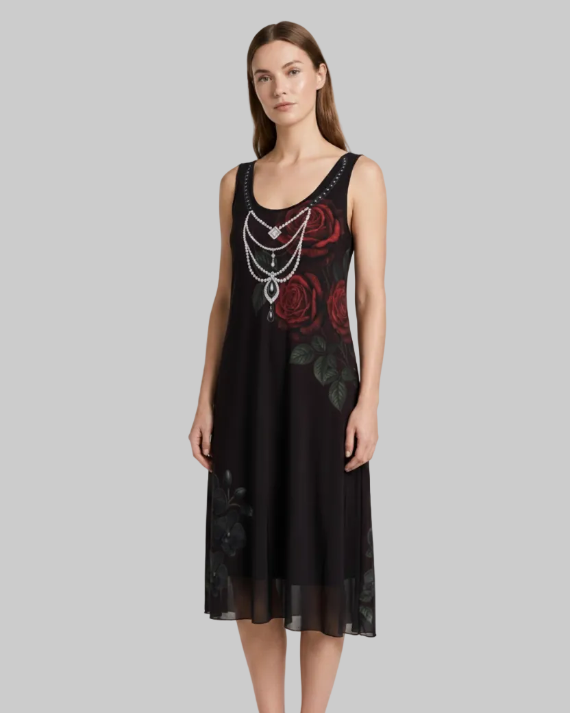 A woman modeling a sleeveless black midi dress with a floral print of red roses and green leaves, featuring layered silver-tone necklace details on the bodice, set against a plain light gray background.