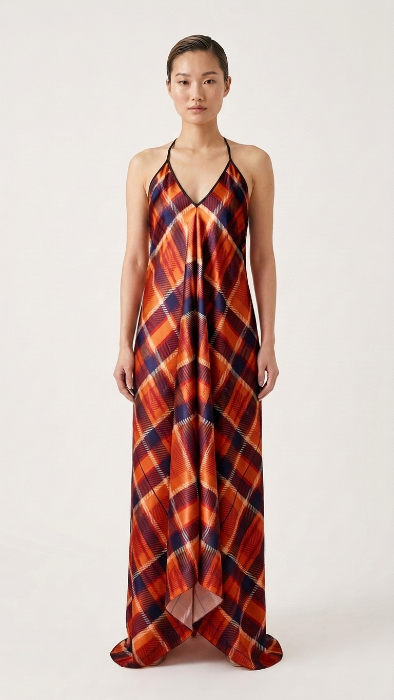 Halterneck Backless Dress Blood Orange Tartan Pattern
