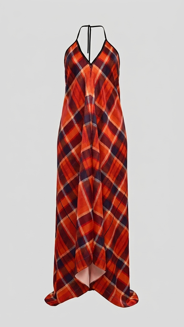 Halterneck Backless Dress Blood Orange Tartan Pattern