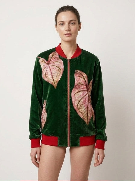 Women’s Botanical Caladium Print Bomber Jacket – Forest Green & Pink