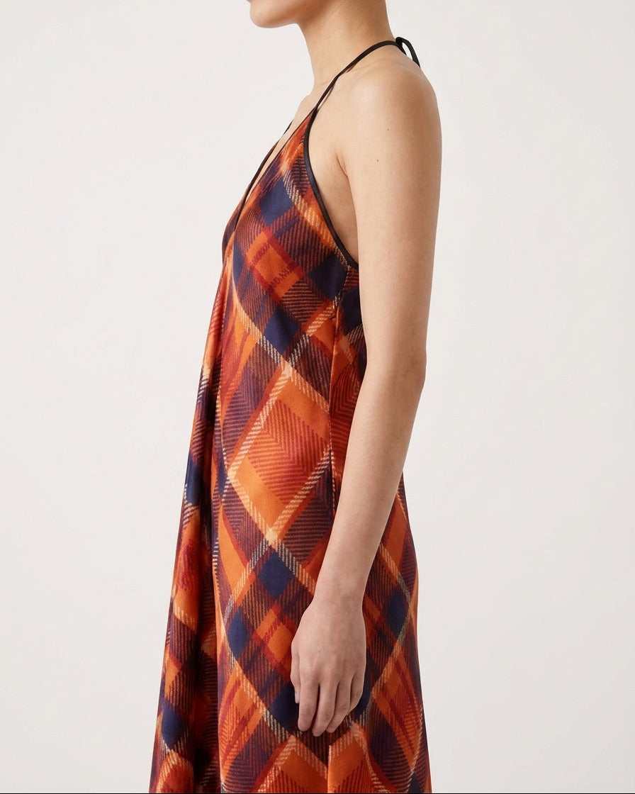 Halterneck Backless Dress Blood Orange Tartan Pattern