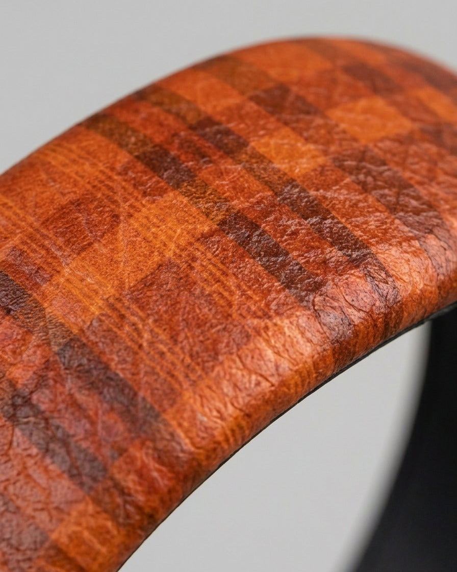 Leather Headband Orange Tartan Pattern
