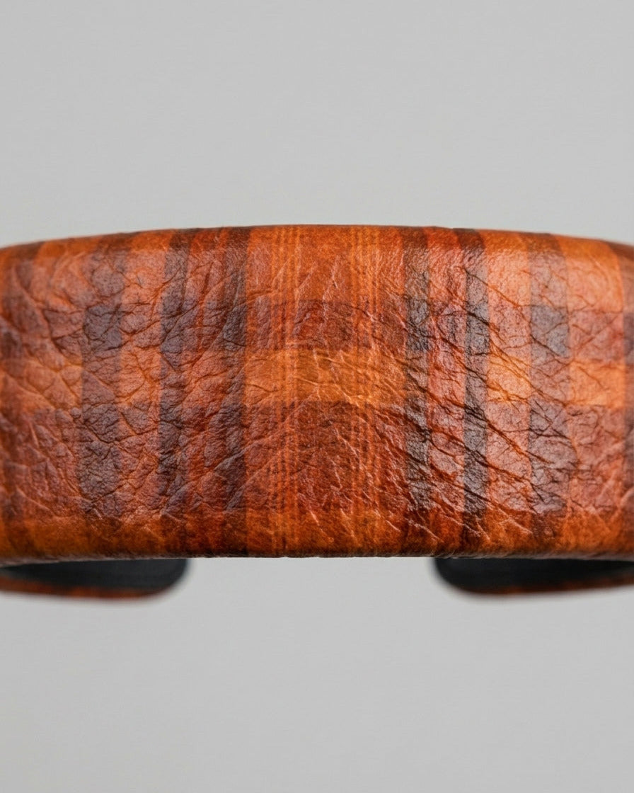 Leather Headband Orange Tartan Pattern