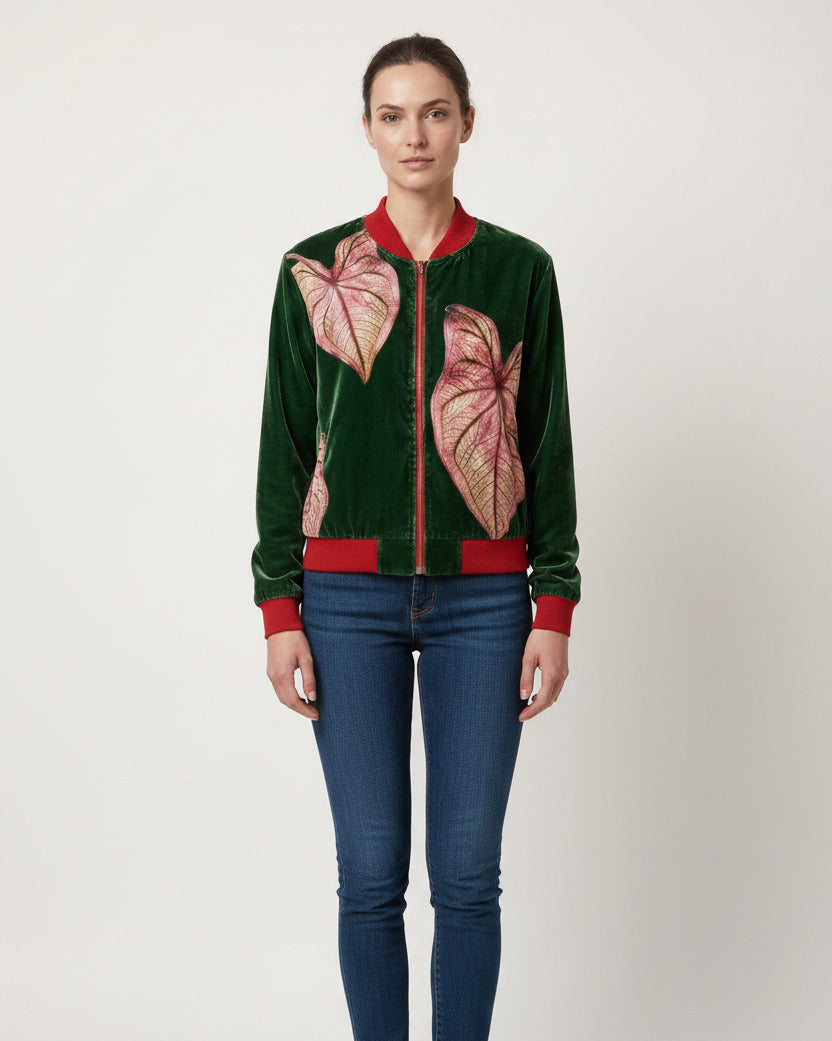 Women’s Botanical Caladium Print Bomber Jacket – Forest Green & Pink