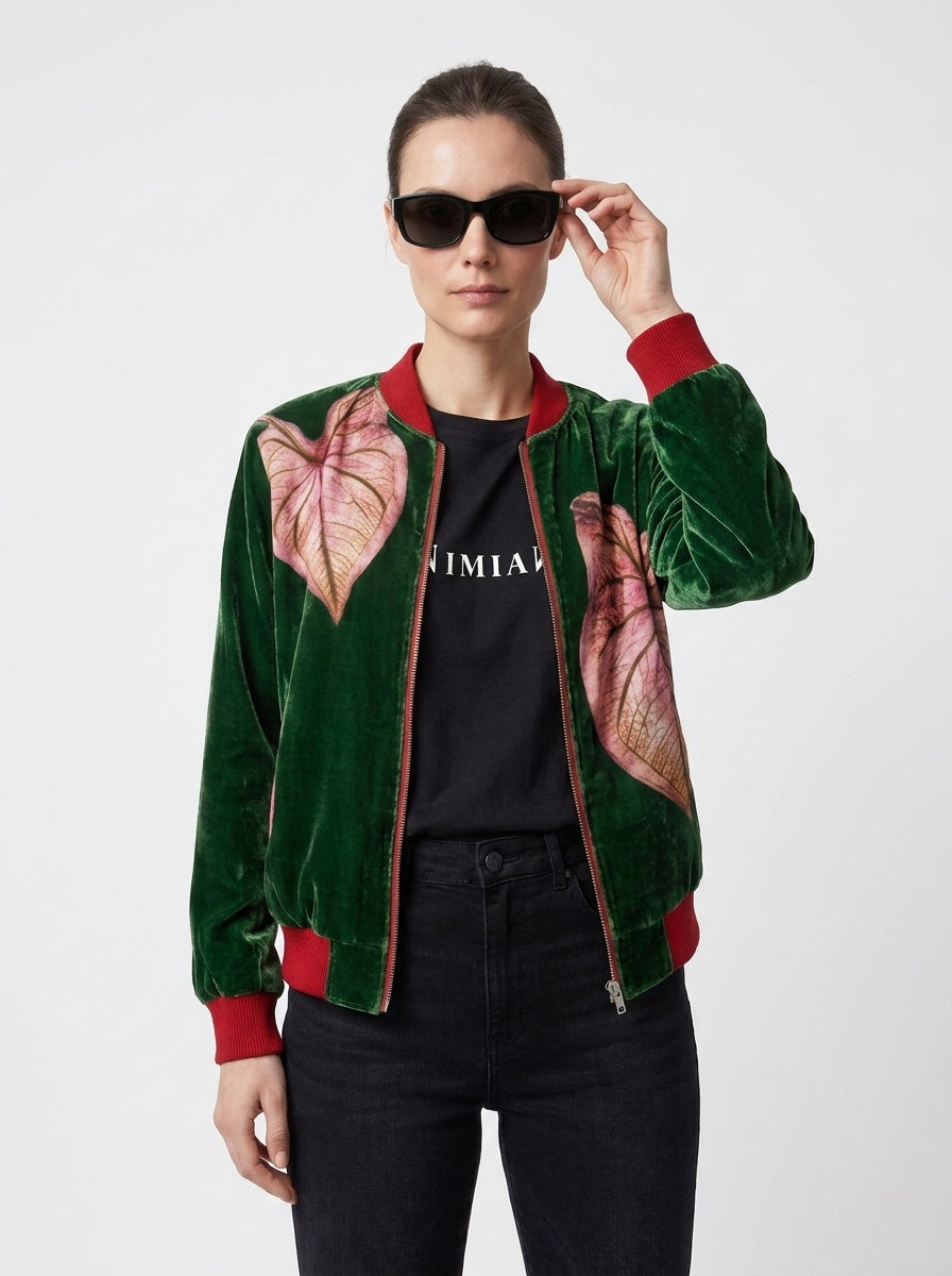Women’s Botanical Caladium Print Bomber Jacket – Forest Green & Pink