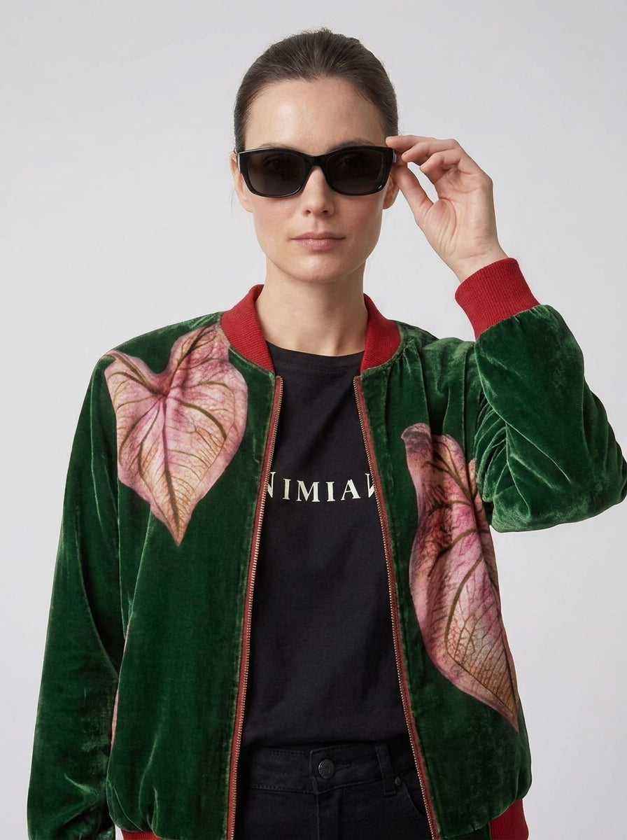 Women’s Botanical Caladium Print Bomber Jacket – Forest Green & Pink