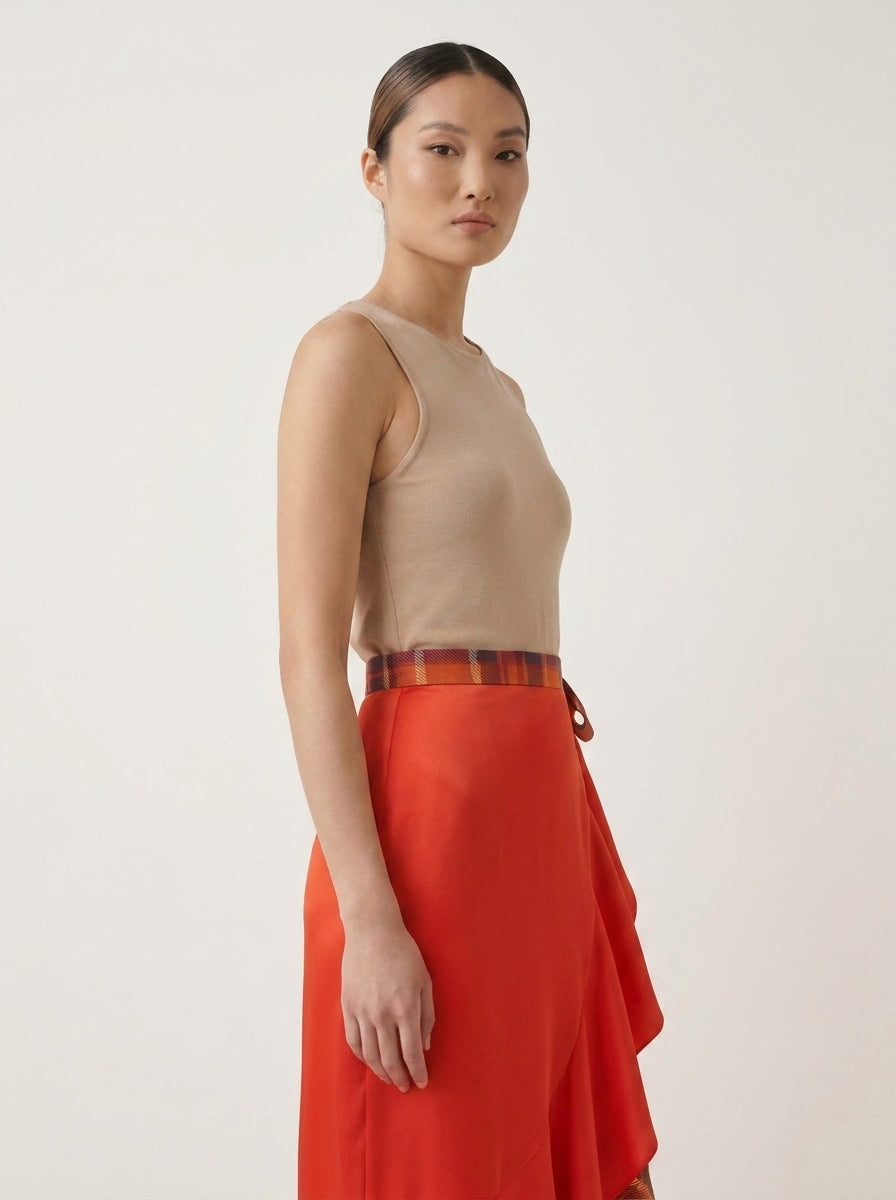 Flounce Skirt Blood Orange Tartan Pattern