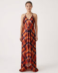 Halterneck Backless Dress Blood Orange Tartan Pattern