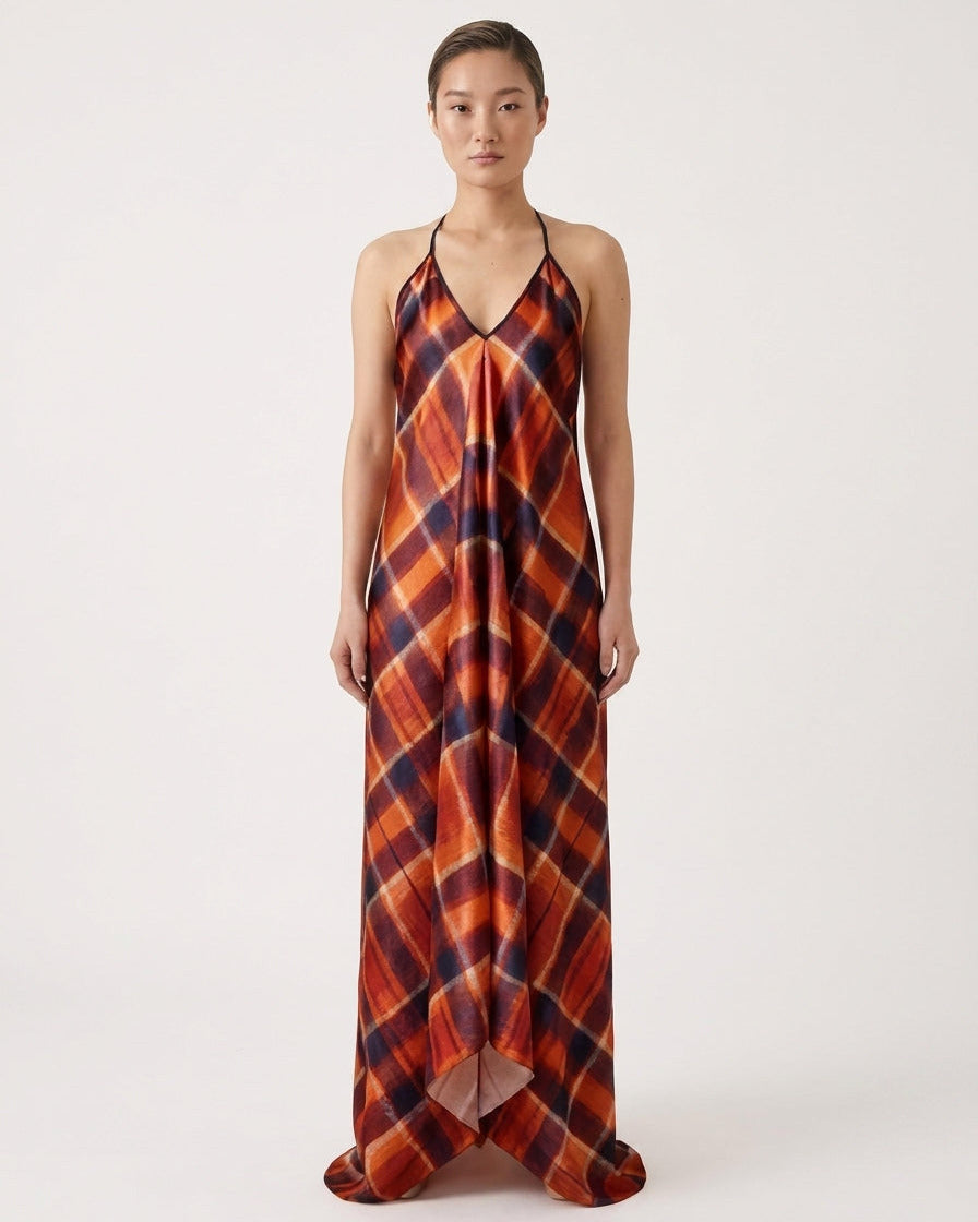 Halterneck Backless Dress Blood Orange Tartan Pattern
