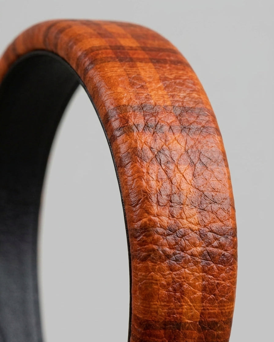 Leather Headband Orange Tartan Pattern