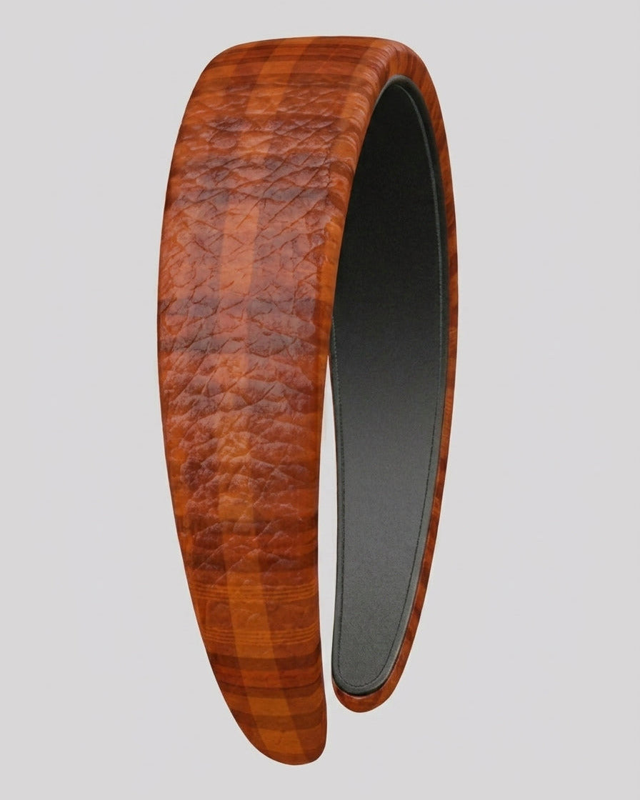 Leather Headband Orange Tartan Pattern