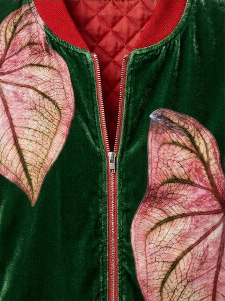 Women’s Botanical Caladium Print Bomber Jacket – Forest Green & Pink