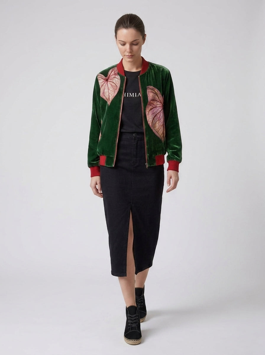 Women’s Botanical Caladium Print Bomber Jacket – Forest Green & Pink