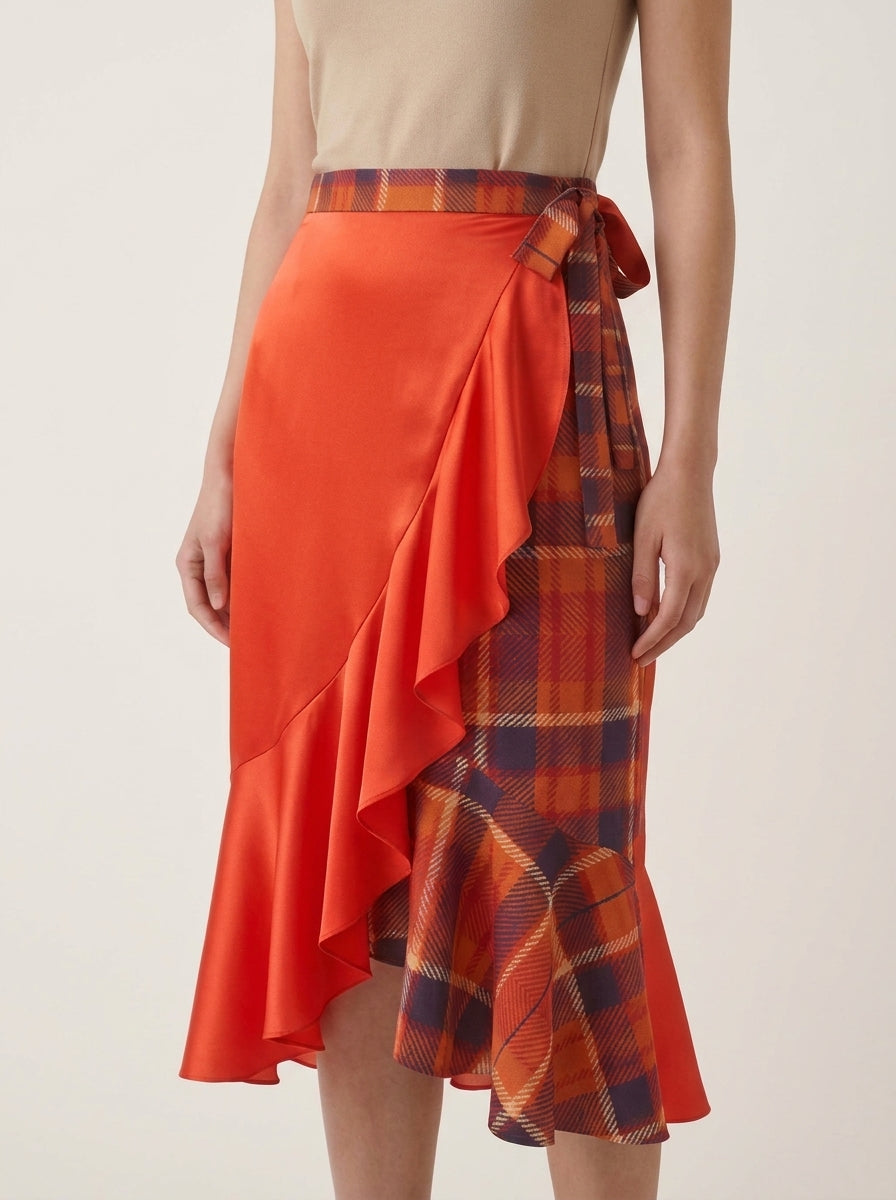 Flounce Skirt Blood Orange Tartan Pattern