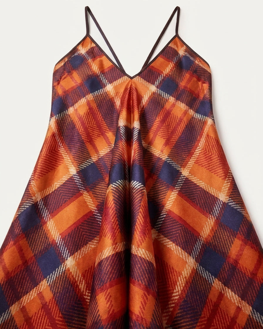 Halterneck Backless Dress Blood Orange Tartan Pattern