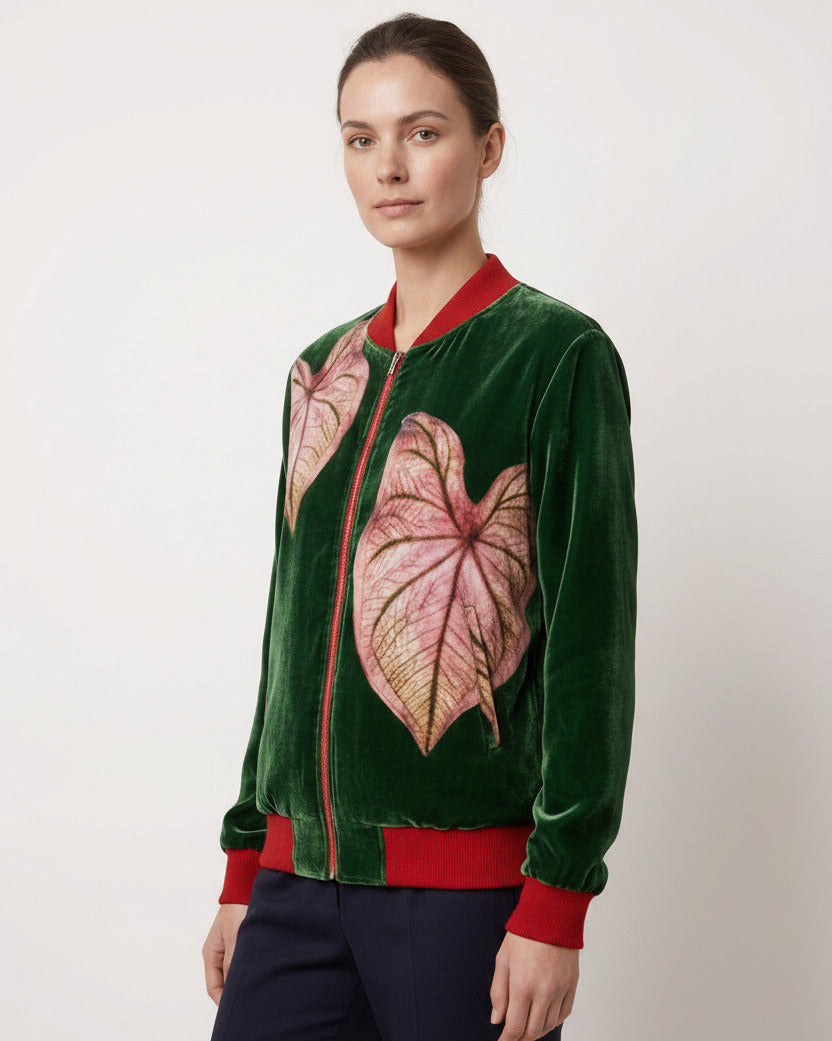 Women’s Botanical Caladium Print Bomber Jacket – Forest Green & Pink
