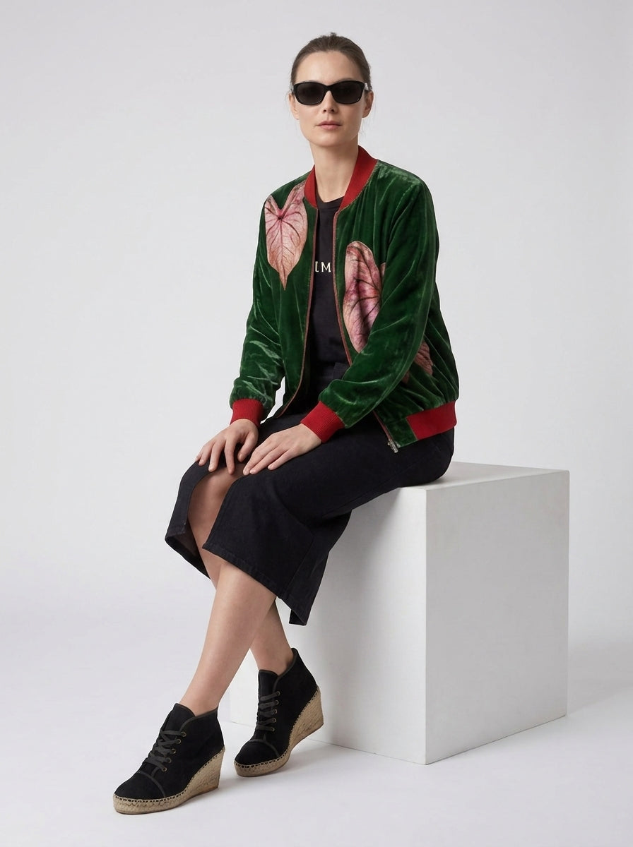 Women’s Botanical Caladium Print Bomber Jacket – Forest Green & Pink