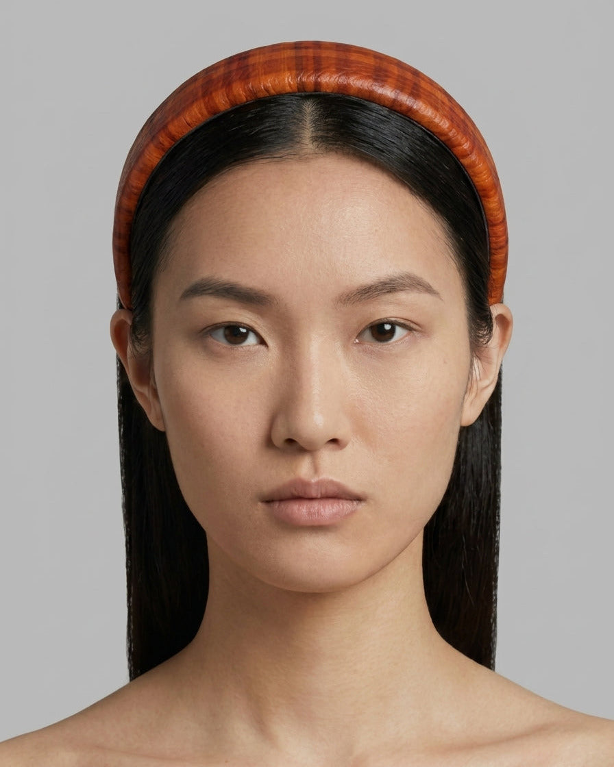 Leather Headband Orange Tartan Pattern